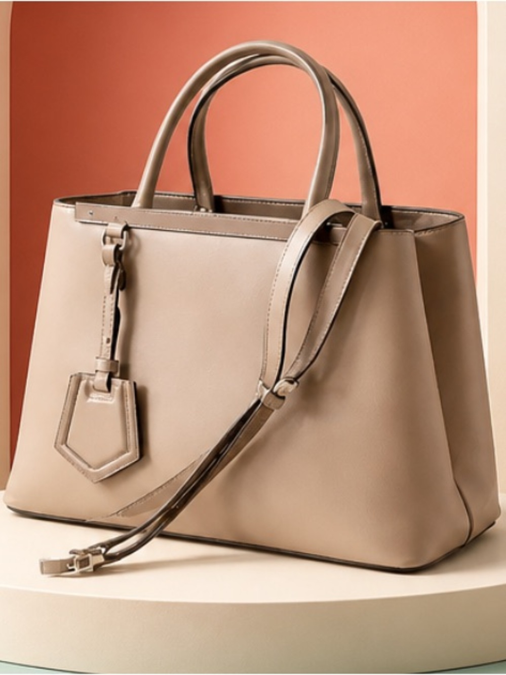 Fendi 2Jour Taupe Leather Top-Handle Satchel Bag with Detachable Strap.